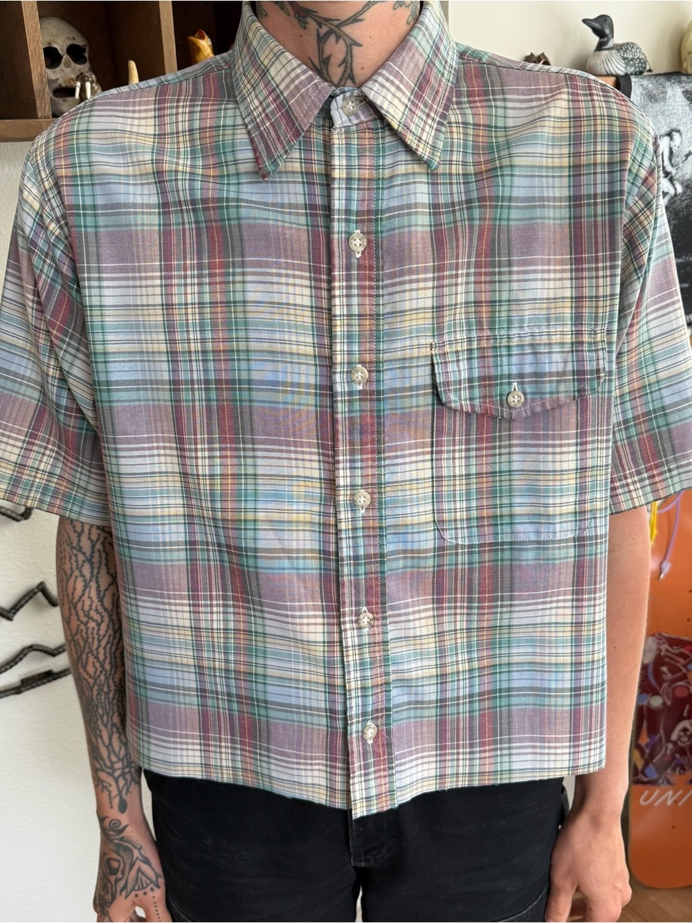 Vintage 90s 2000s Pendleton Pastel Plaid Cropped Boxy S/S Button Down Shirt ~ S